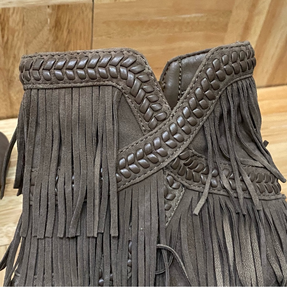 SAM EDELMAN “Kaleb” Taupe Fringe Suede Leather Ankle Booties Size 8.5 - Picture 8 of 16